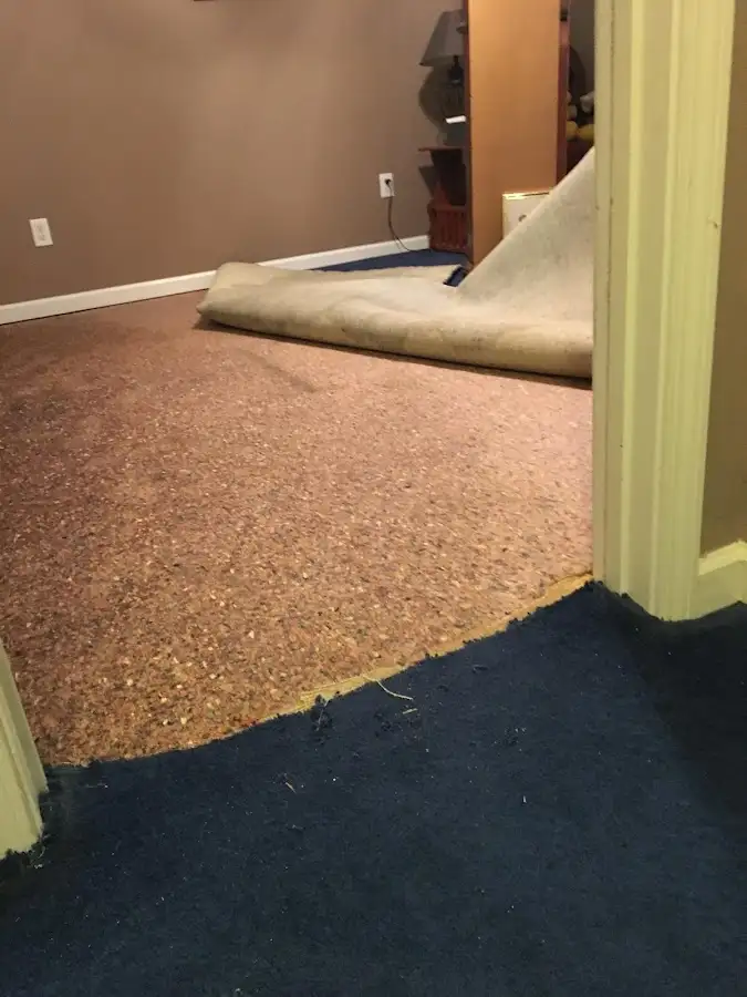 Carpet pad removal revealing water damage during Water Mitigation Services in Harrisburg